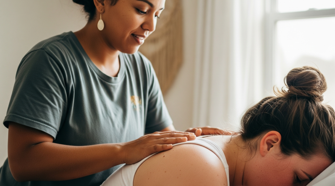 Doula ajudando gestante com as dores