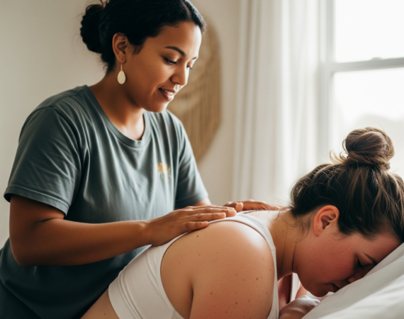 Doula ajudando gestante com as dores